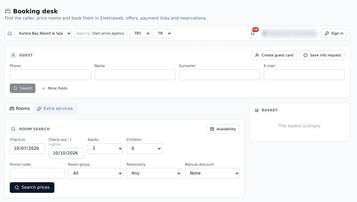 The Booking desk: guest search, room search by dates, guests, promo code, room group and nationality.