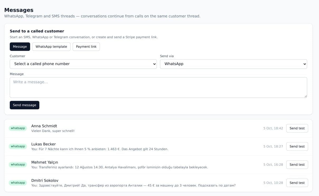 Messages: WhatsApp conversations in German, Turkish and Russian, and a composer for WhatsApp, SMS and Telegram.