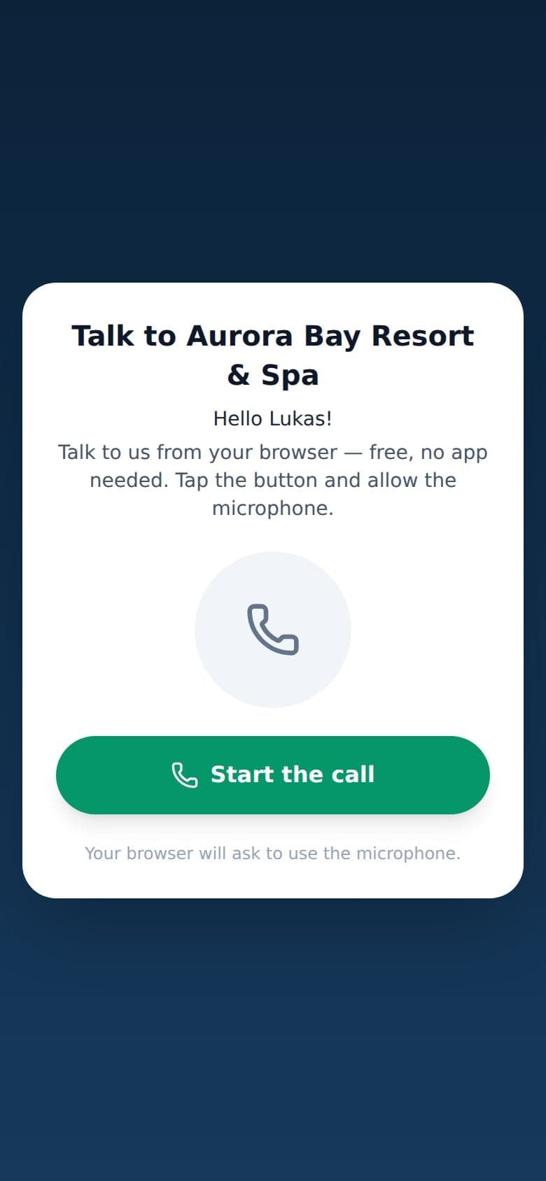 A browser call page: talk to the hotel with one tap, no app needed.